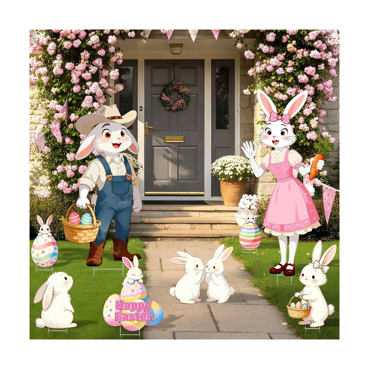 9 Pcs Large Easter Decorations Outdoor Yard Signs with Stakes 40x14 Inch Bunny and Egg Lawn Signs Happy Easter Welcome Yard Stakes for Garden Spring Hunt Games Party Supplies Props(Spring)