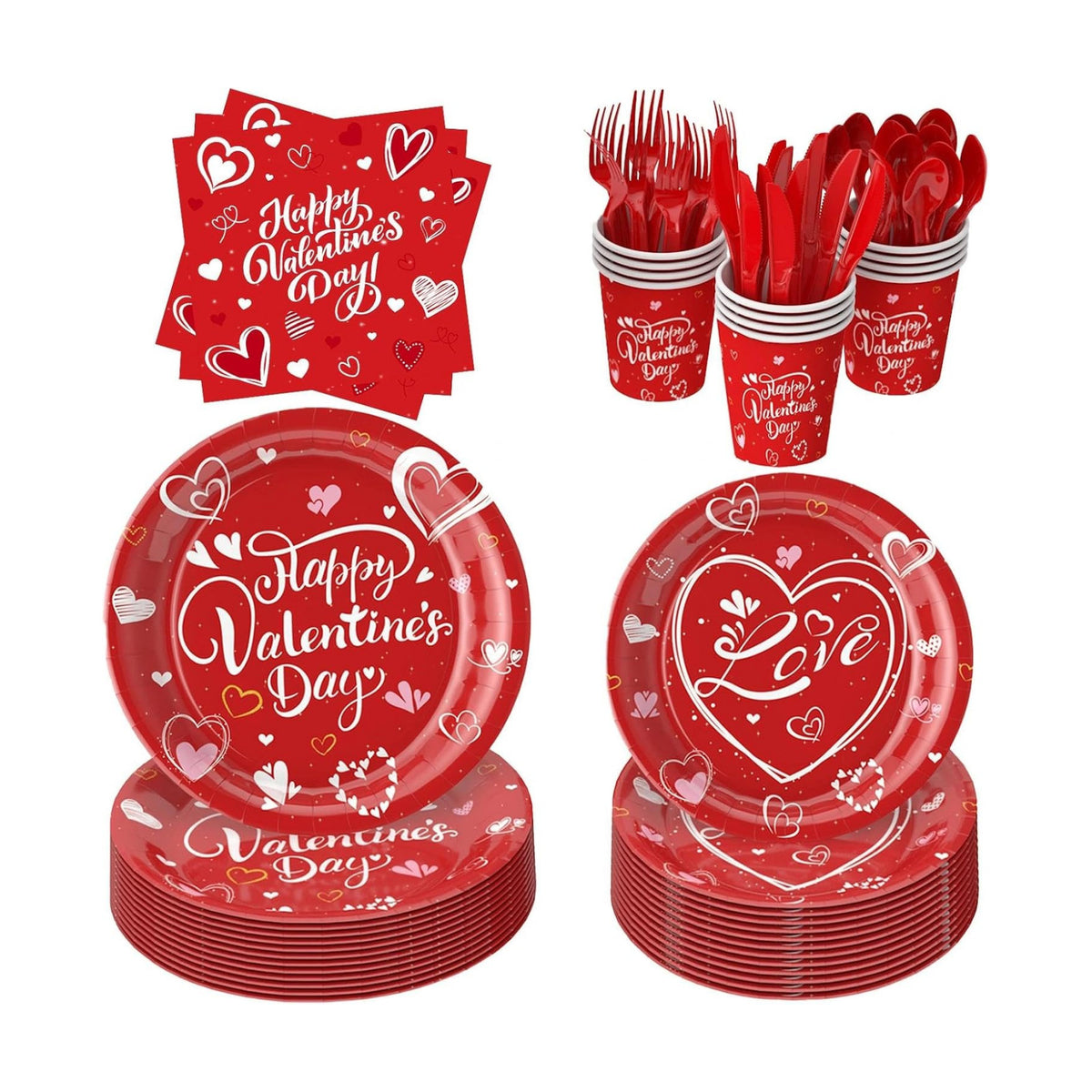 112 PCS Valentines Day Tableware Set Galentine Disposable with Plates, Cups, Napkin, Knives, Forks, Spoons - Valentine’s Day Party Supplies for Wedding,Anniversary, Birthday, Gathering,Serves 16