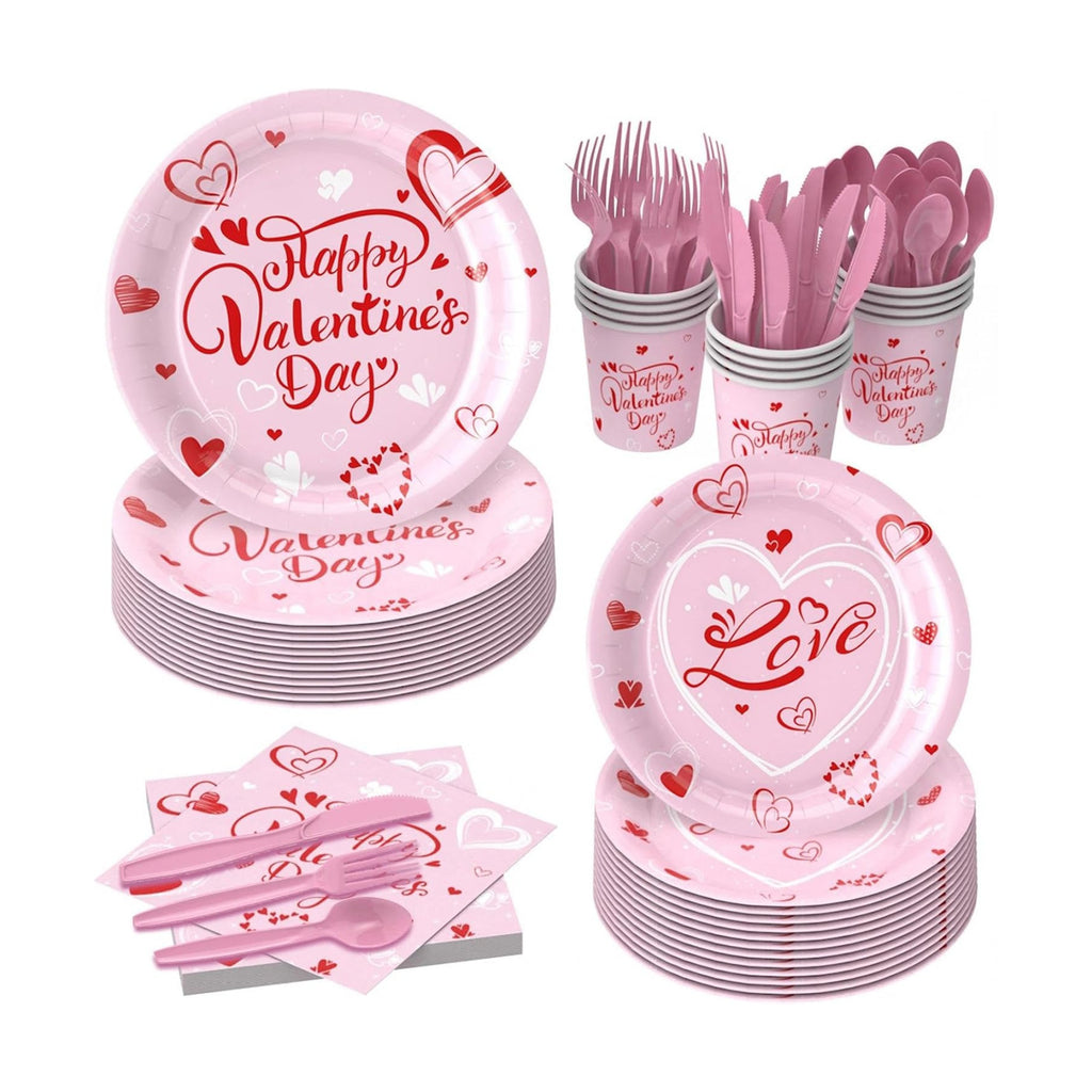 168 Pcs Valentine's Day Tableware Set - Serves 24, Heart & Love-Themed Disposable Paper Plates, Cups, Napkins, Forks, Spoons, Knives for Valentines Day Party, Wedding,Bridal Shower,Holiday Gatherings