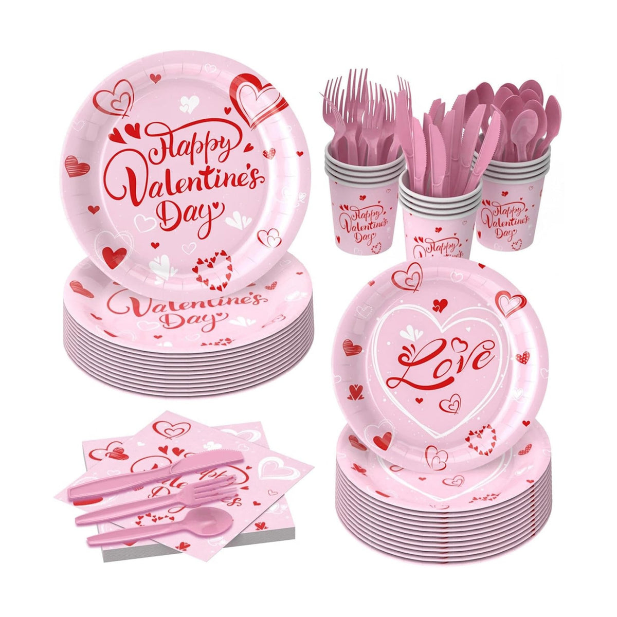 168 Pcs Valentine's Day Tableware Set - Serves 24, Heart & Love-Themed Disposable Paper Plates, Cups, Napkins, Forks, Spoons, Knives for Valentines Day Party, Wedding,Bridal Shower,Holiday Gatherings