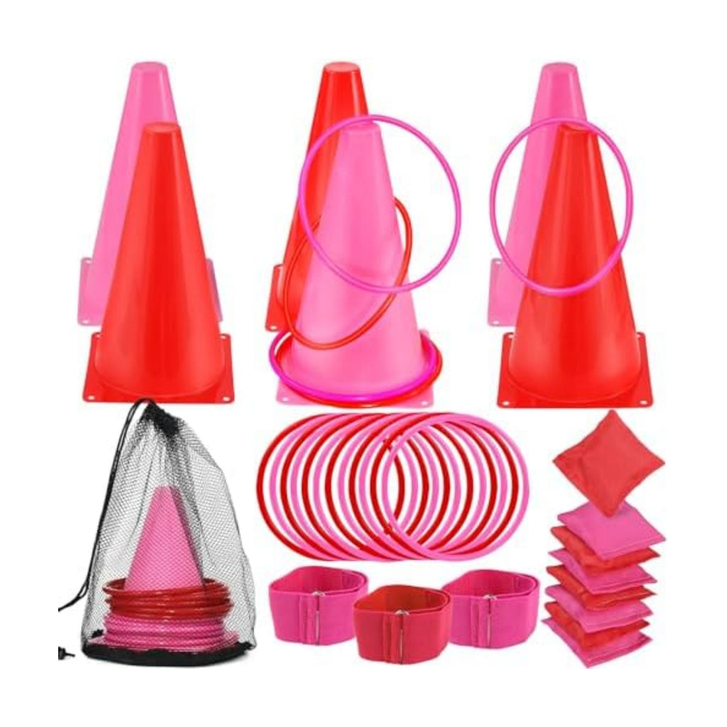 33Pcs Large 4 in 1 Valentines Day Games for Kids with Ring Toss, Plastic Cones, Bean Bags, 3-Legged Race Bands, Carnival Valentine's Games Activity Combo Set for Classroom Indoor Outdoor Party Yard