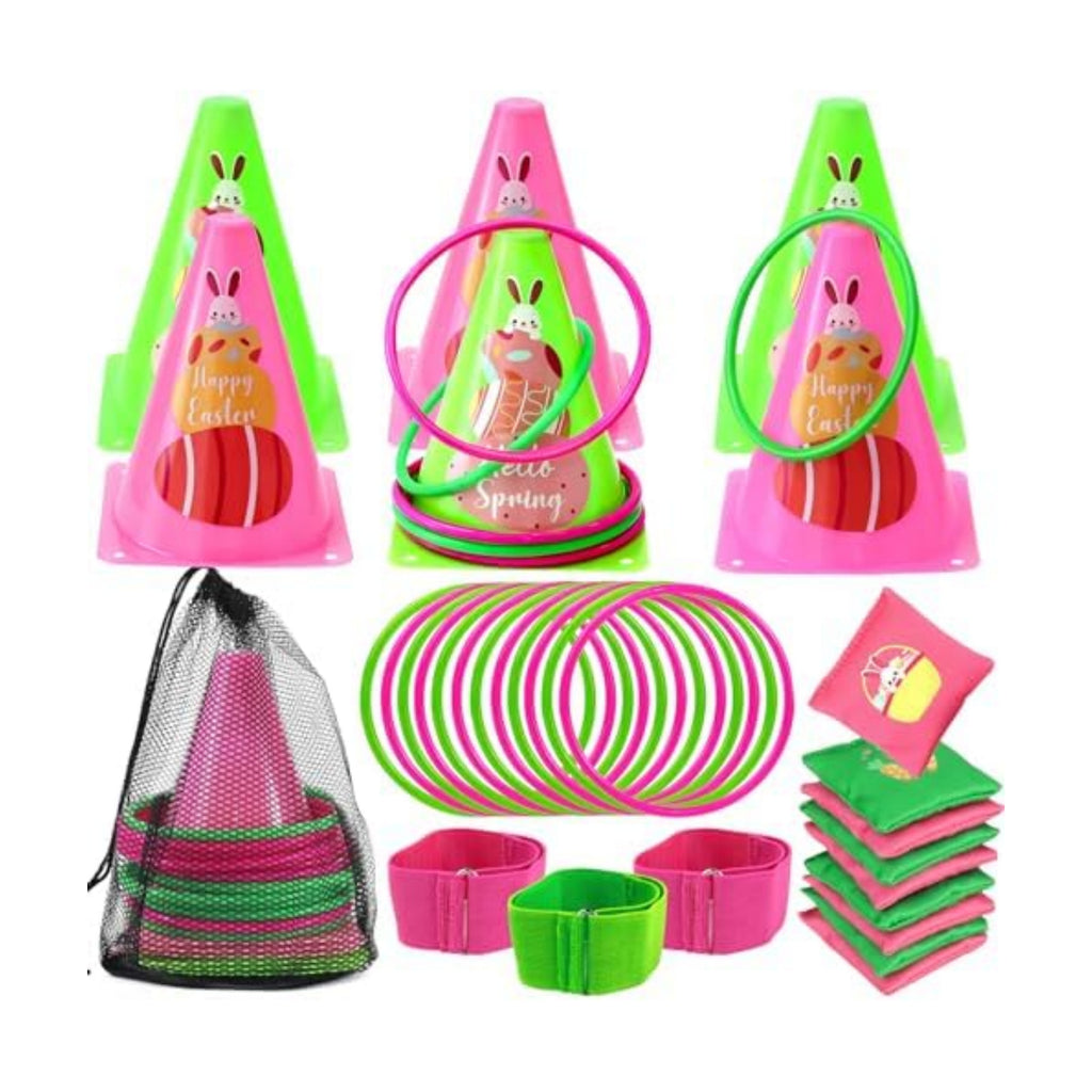 4 in 1 Easter Outdoor Games for Kids and Family, Easter Party Game with Ring Toss, Plastic Cones, Bean Bags, 3-Legged Race Bands, Carnival Spring Games Activities Combo Set for Adult Yard Classroom