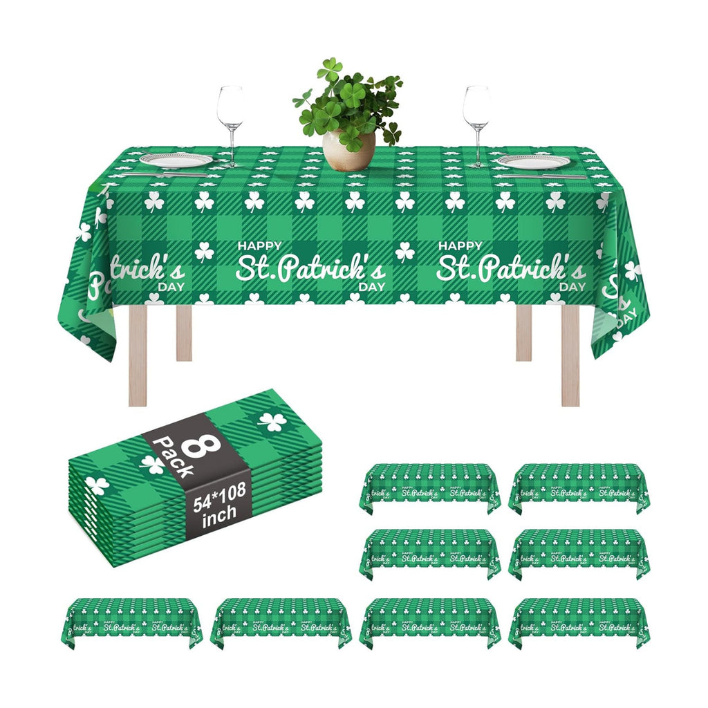 8 Pack Clover Checkered Plastic Tablecloth 54" x 108" Disposable Table Cloths Green St Patricks Day for 6 to 8 Foot Tables Cover for Parties Decorations Supplies (Clover Checkered, Rectangle)