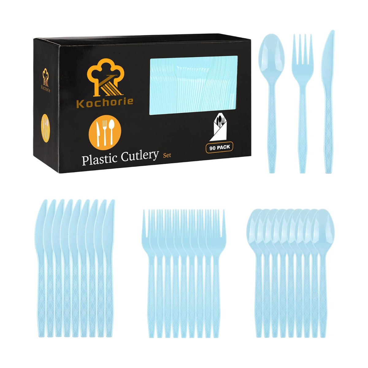 Kochorie 90 Pieces Light Blue Plastic Cutlery Set