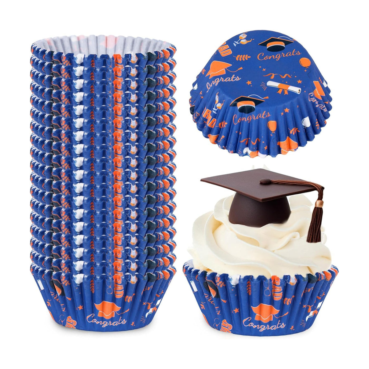 Whaline 300 Pcs Graduation Cupcake Liners Paper Baking Cups Orange Blue Congrats Graduation Cap Muffin Holders Wrappers for College High School Grad Party Decor Supplies, 2 x 1.2 Inch