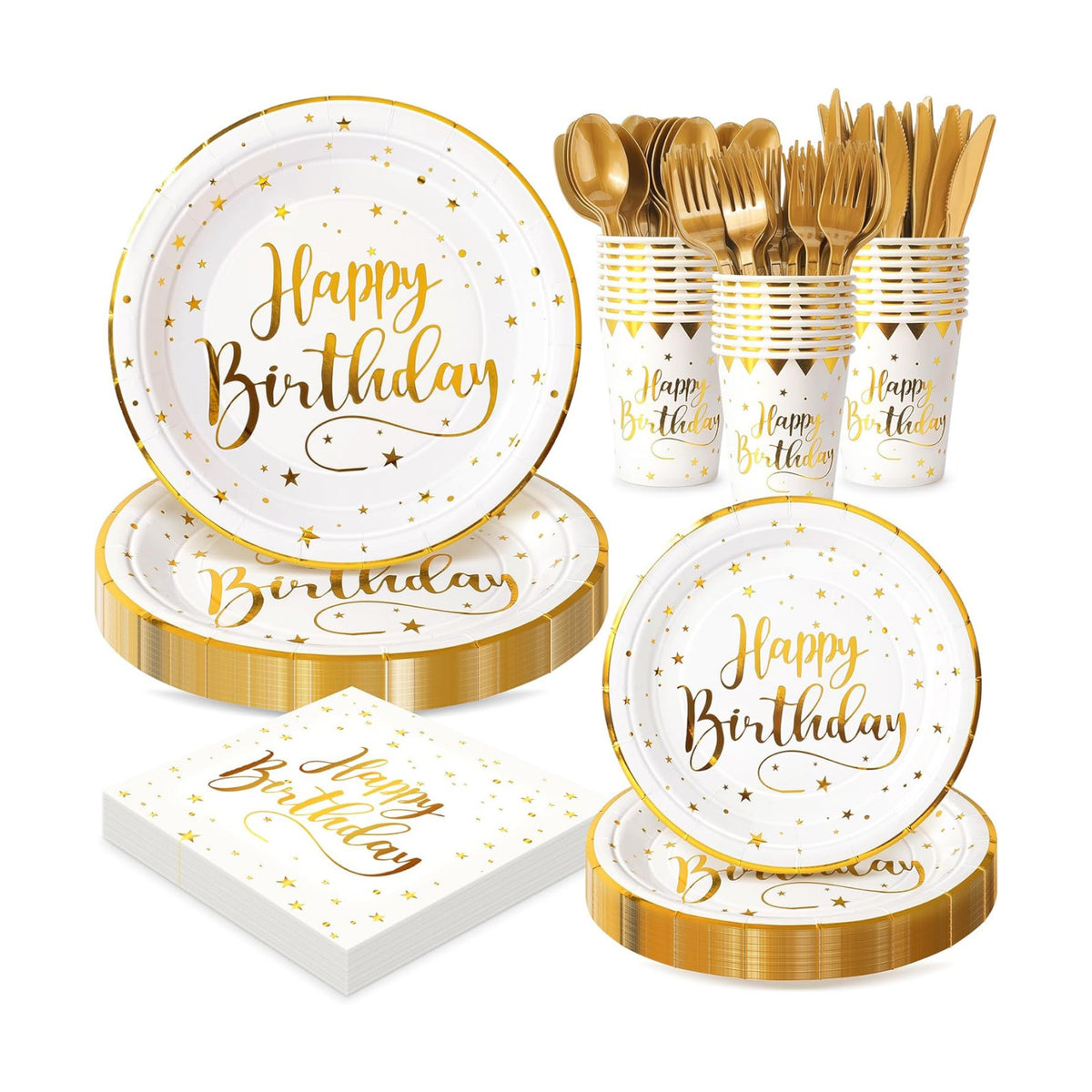 White and Gold Happy Birthday Party Plates, 168PCS Birthday Party Supplies
