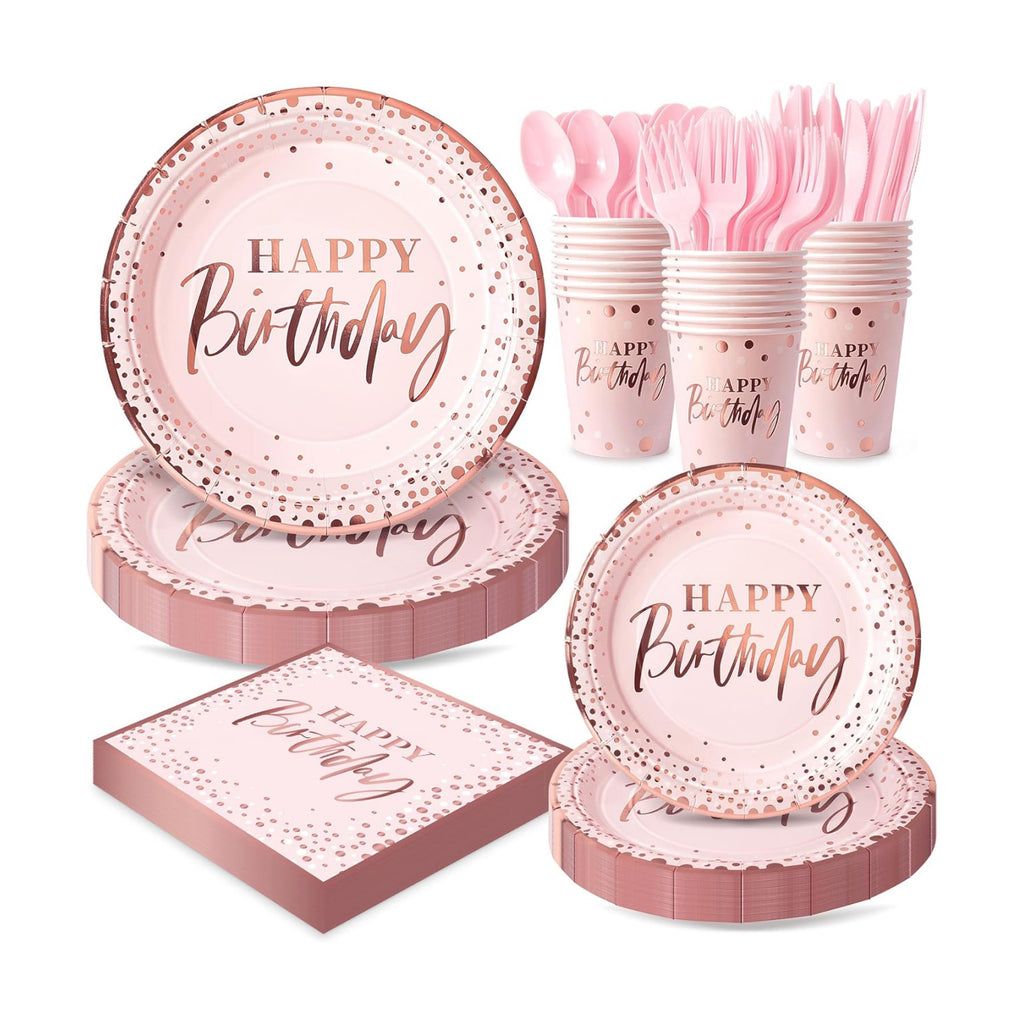 Pink Rose Gold Happy Birthday Party Plates, 168PCS Birthday Party Supplies