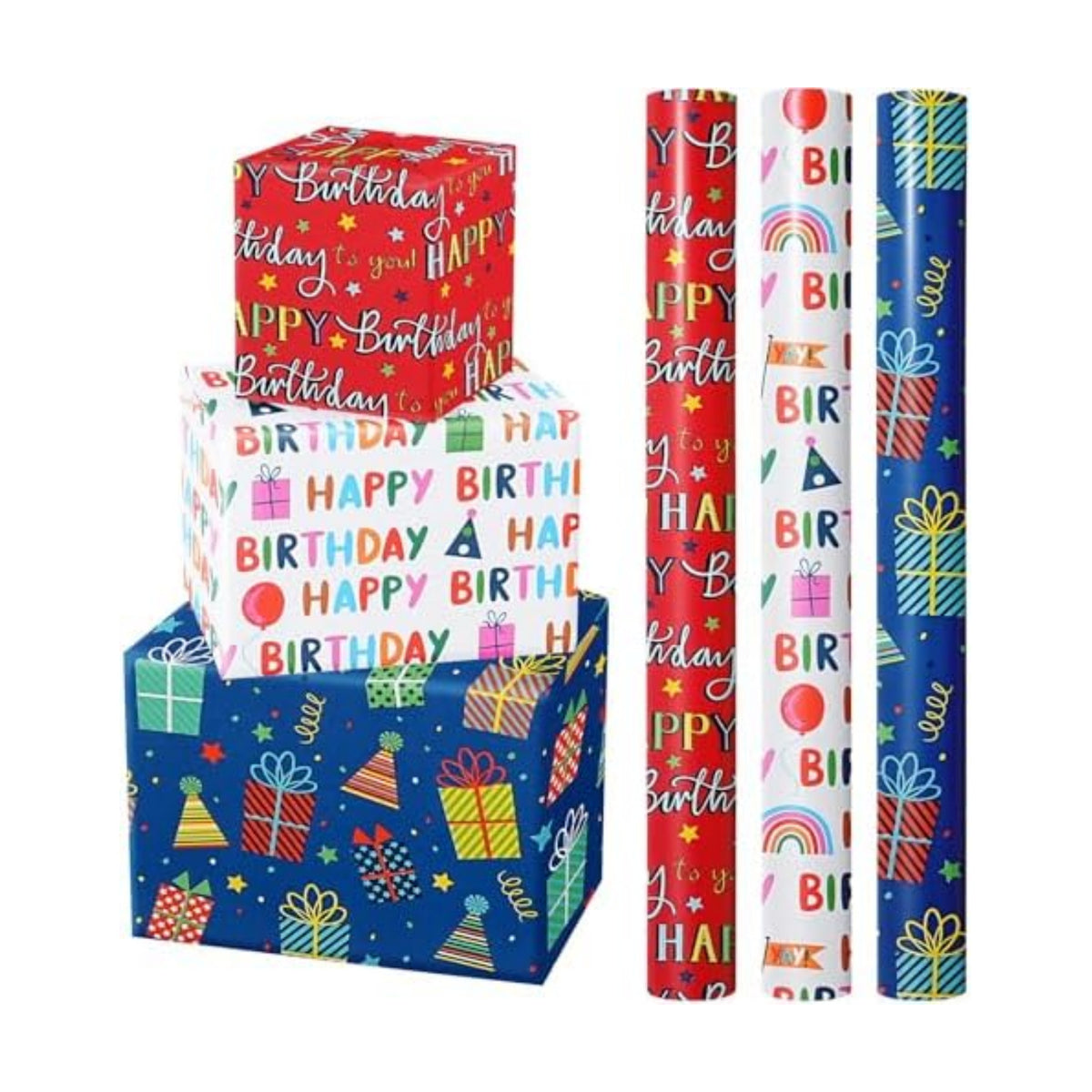 WRAPAHOLIC Birthday Wrapping Paper Roll - 3 Mini Rolls - 17 Inch x 120 Inch Per Roll - Gift Box and Happy Birthday Wrapping Paper for Boys Girls Kids, Baby Shower