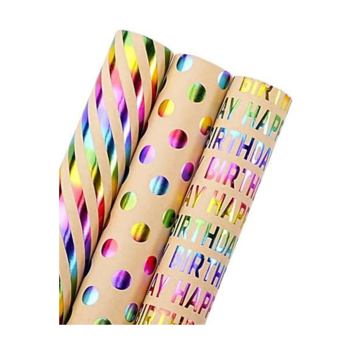 WRAPAHOLIC Kraft Birthday Wrapping Paper Roll - 3 Mini Rolls - 17 Inch x 120 Inch Per Roll - Rainbow Foi Happy Birthday Wrapping Paper for Boys Girls Kids, Baby Shower