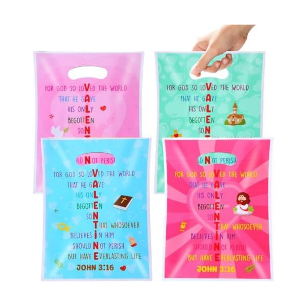 EUVBOKW 100 Pcs Religious Valentine's Day Gift Bags,Valentine Treat Bags John 3:16 Bible Verse Christian Party Favors,Ideal for Classroom and Sunday School