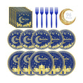 96 Pcs Ramadan Plates and Napkins Forks Sets - Blue Gold Eid Mubarak Themed Round Tableware, Disposable KAREEM Paper Plates Napkins Kit for Ramadan Party Supplies Favors Table Decorations, Serves 24