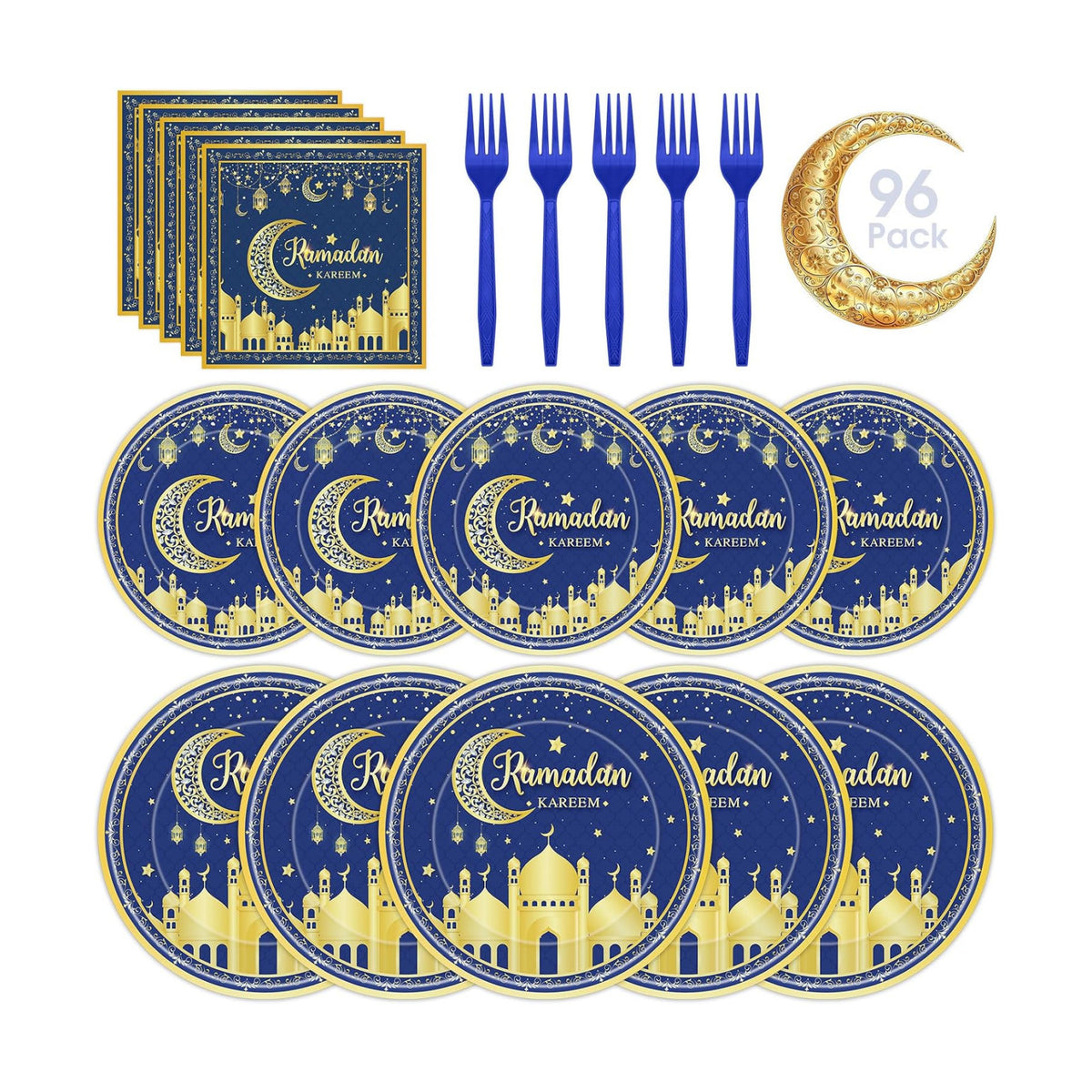 96 Pcs Ramadan Plates and Napkins Forks Sets - Blue Gold Eid Mubarak Themed Round Tableware, Disposable KAREEM Paper Plates Napkins Kit for Ramadan Party Supplies Favors Table Decorations, Serves 24