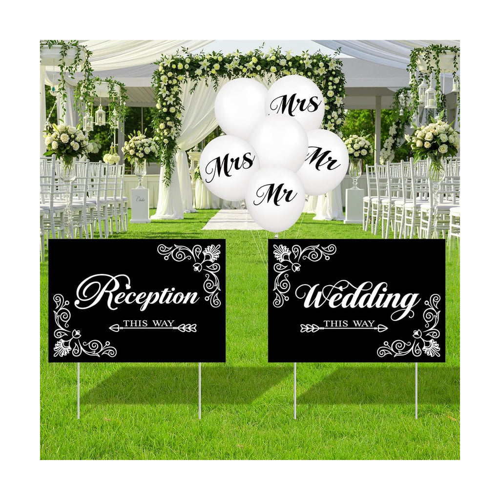2 Pcs Wedding Reception Signs with 6 White Balloons, Set of 2 Double-Sided Directional Arrow Yard Signs with Metal Stakes, Waterproof Plastic Outdoor Decor Kit for Ceremony and Parking