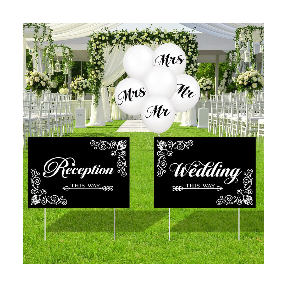 2 Pcs Wedding Reception Signs with 6 White Balloons, Set of 2 Double-Sided Directional Arrow Yard Signs with Metal Stakes, Waterproof Plastic Outdoor Decor Kit for Ceremony and Parking