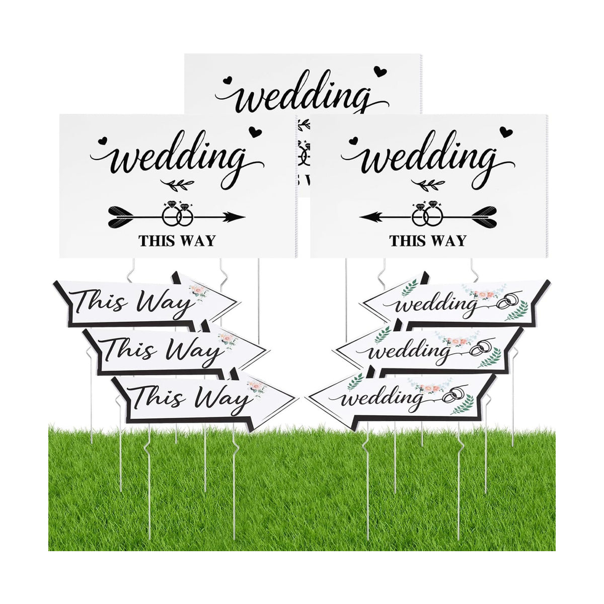 9 PCS Wedding This Way Sign Kit,Double Sided Wedding Direction Arrow & Parking signs with Metal Stakes, Wedding Signs for Ceremony,Reception, and Parking Area Outdoor Yard Lawn