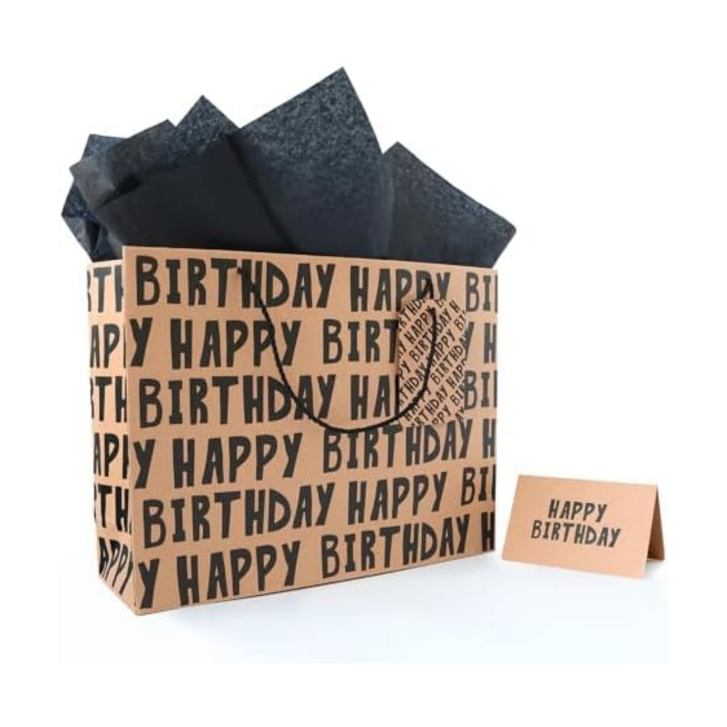 JAYTEM Birthday Gift Bag, 16.5" Kraft Paper Large Gift Bag, Classic Black Lettering Design Happy Birthday Bag Set with Greeting Card, Tag, Envelope & Tissue Paper for Men, Boys, Kid