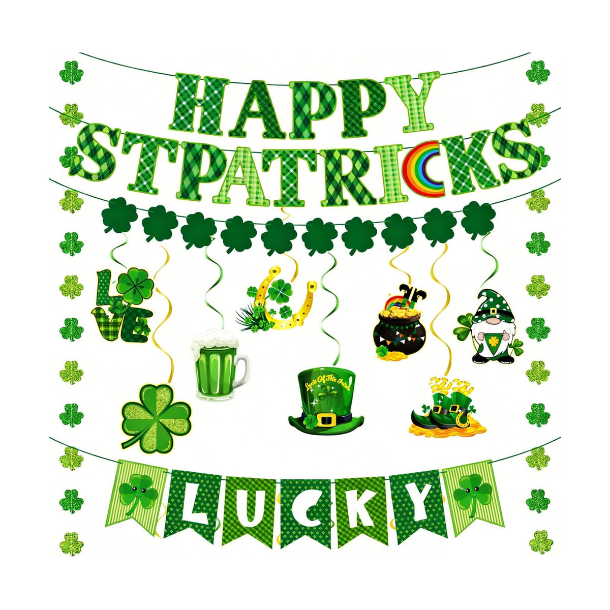 64Pcs St Patricks Day Decorations Kit Shamrock Lucky Banner Garlands Clover Hanging Swirls Irish Decor for Home Saint Patrick Party Table Supplies