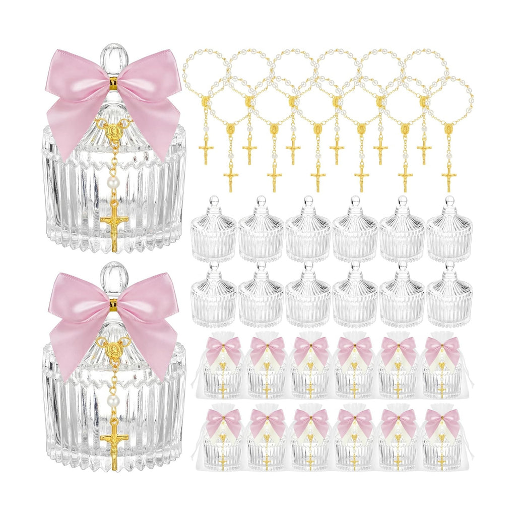 Chuangdi 12 Sets 48 Pcs Baptism Favors for Guests Crystal Candy Bowl Gifts with 12 Pcs Cross Rosary for Baptism Decorations Wedding Baby Shower Party Supplies First Communion (Pink)