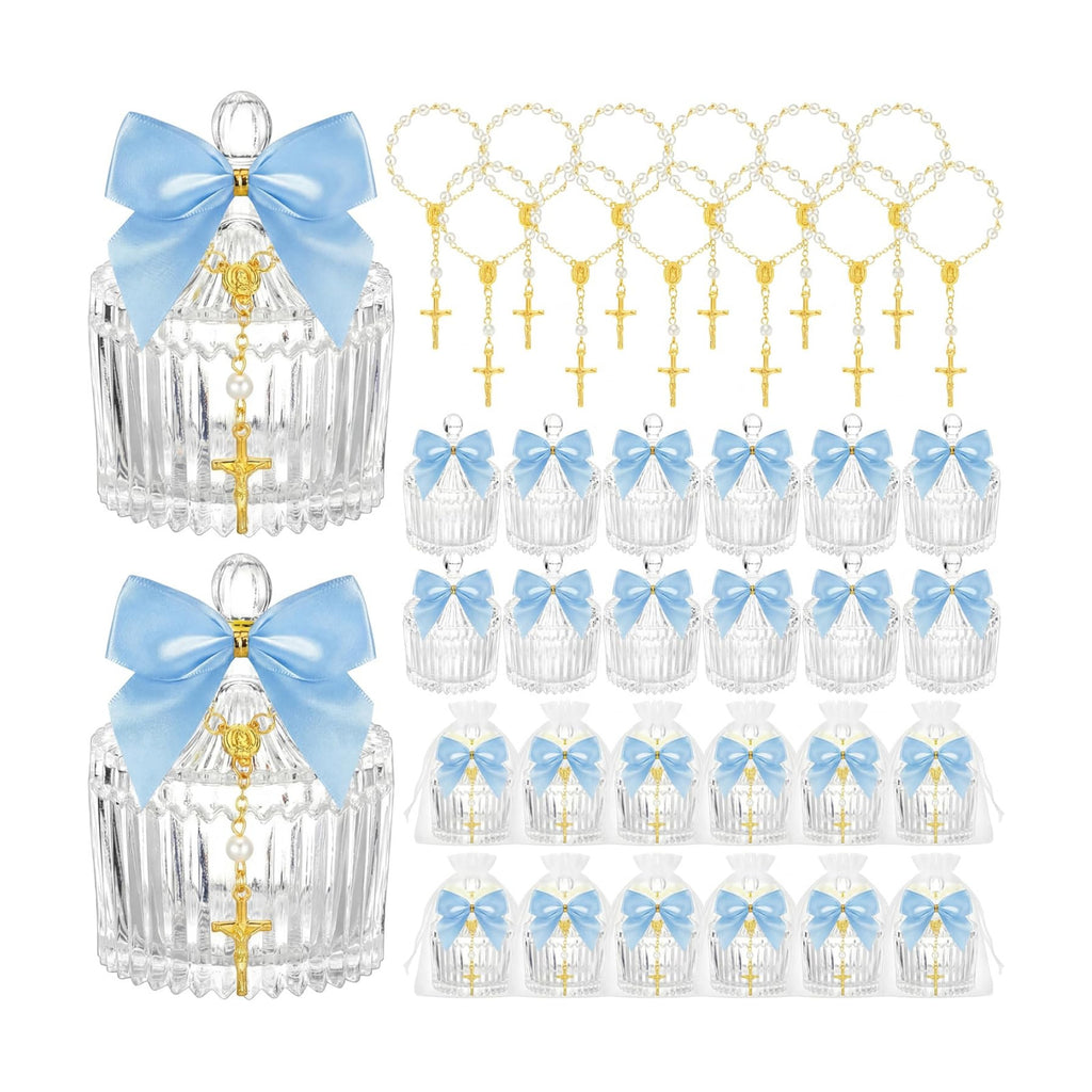Chuangdi 12 Sets 48 Pcs Baptism Favors for Guests Crystal Candy Bowl Gifts with 12 Pcs Cross Rosary for Baptism Decorations Wedding Baby Shower Supplies First Communion Party(Blue)