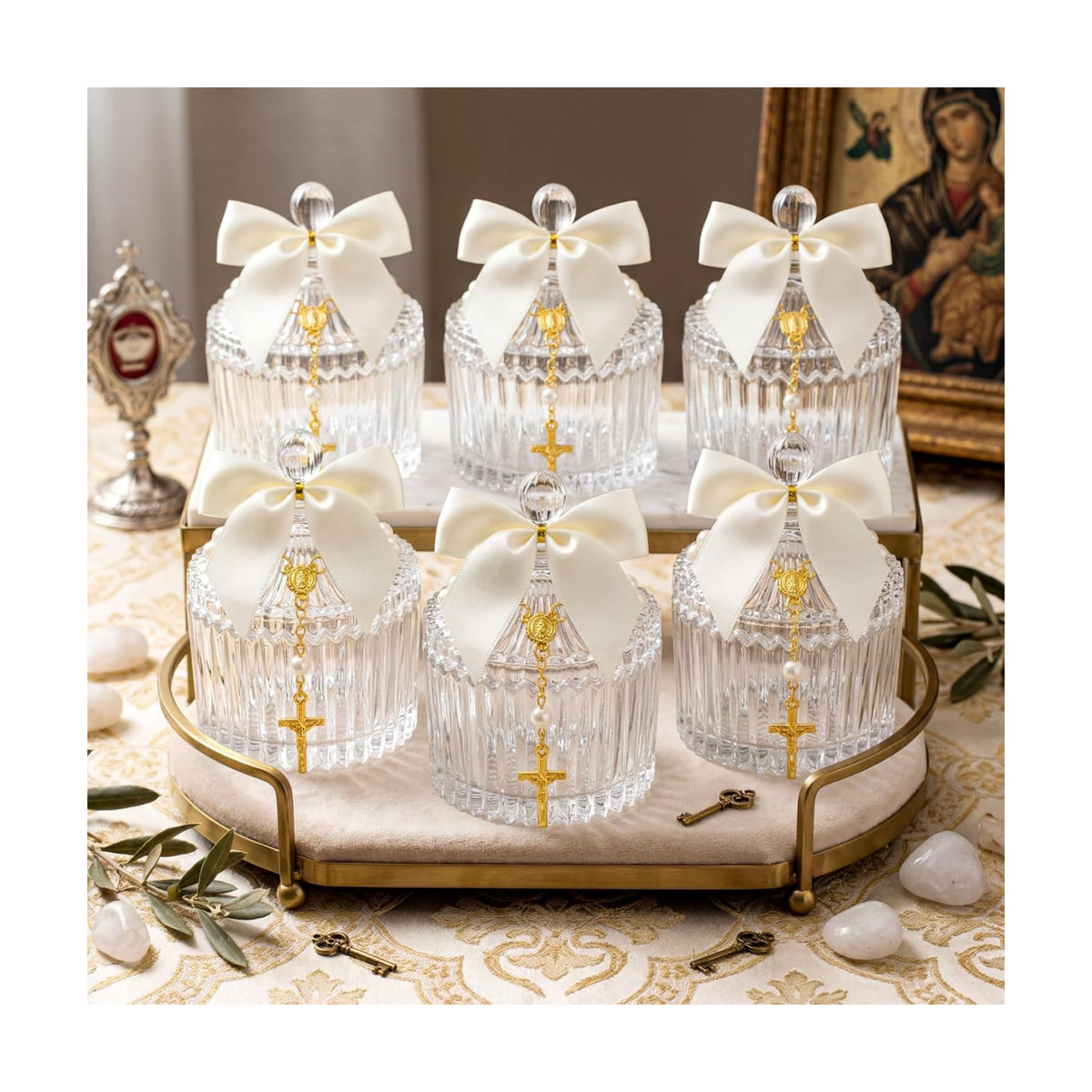 Chuangdi 6 Sets Baptism Favors for Guests Crystal Candy Bowl Gift,White