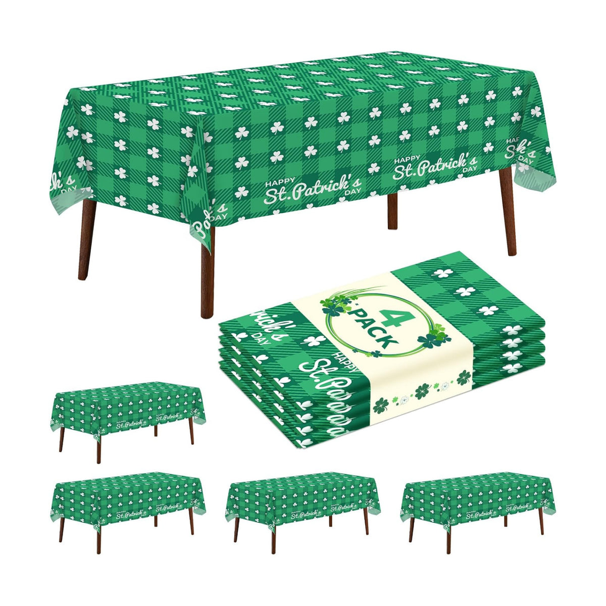 4 Pack St. Patrick’s Day Plastic Tablecloth 54 x 108 Inch Green Lucky Shamrock Disposable Table Cover for St. Patrick's Day, Irish and Spring Decorations