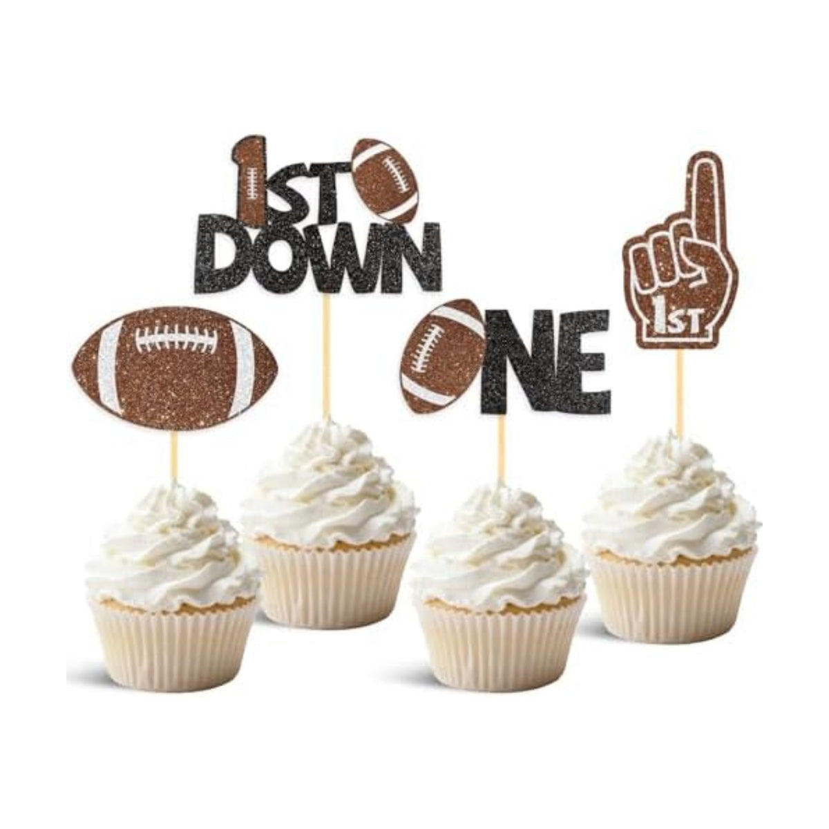 24Pcs Football 1st Birthday Cake Topper & Cupcake Toppers, Football Party Decorations for Baby Shower, First Down Them