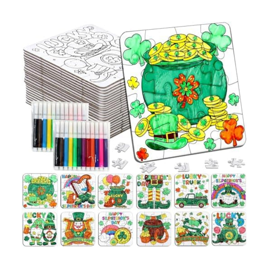 St Patricks Day Crafts for Kids & Adults Bulk, St. Patrick's Day Activities Classroom Gifts, Irish DIY Kits Jigsaw Puzzles with Pot of Gold, Leprechaun Shamrock, March Arts for Party Favors Supplies