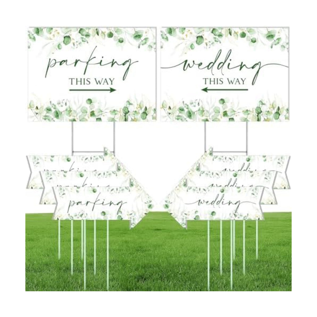8 Pcs 17 × 8.5" Wedding This Way Directional Parking Signs Road with Stakes Large Double Sided Direction Printed Ceremony Reception Lawn Yard Arrow Sign Exquisite Plastic Rainproof (Green Leaves)