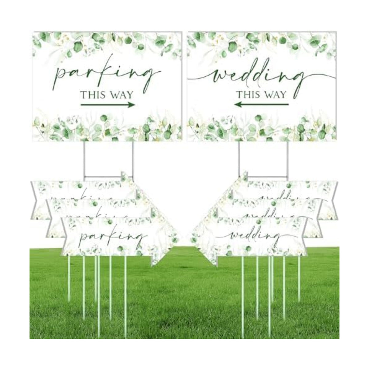 8 Pcs 17 × 8.5" Wedding This Way Directional Parking Signs Road with Stakes Large Double Sided Direction Printed Ceremony Reception Lawn Yard Arrow Sign Exquisite Plastic Rainproof (Green Leaves)