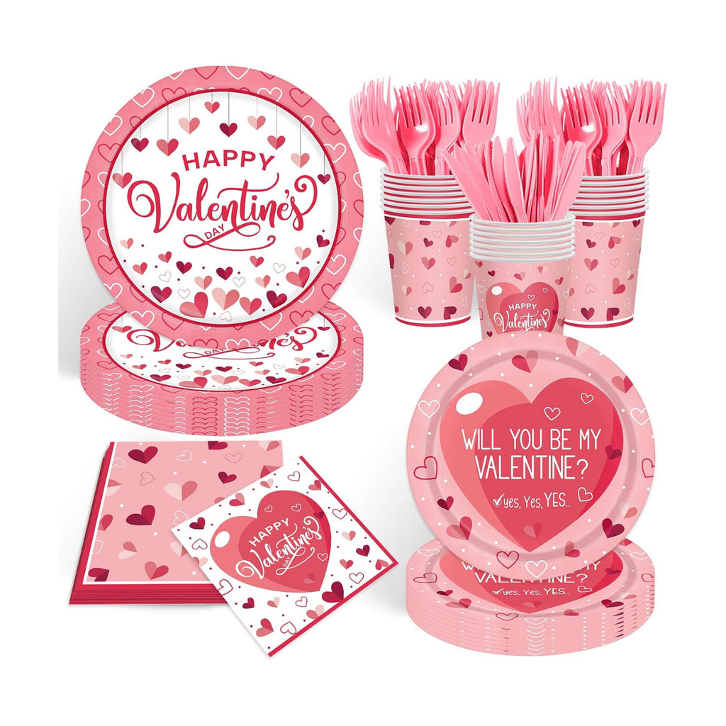 Valentines Day Plates and Napkins Sets,144pcs Valentines Party Decor Tableware Include Plates Napkins Cups Forks Knives for Valentine Party Supplies,Serves 24