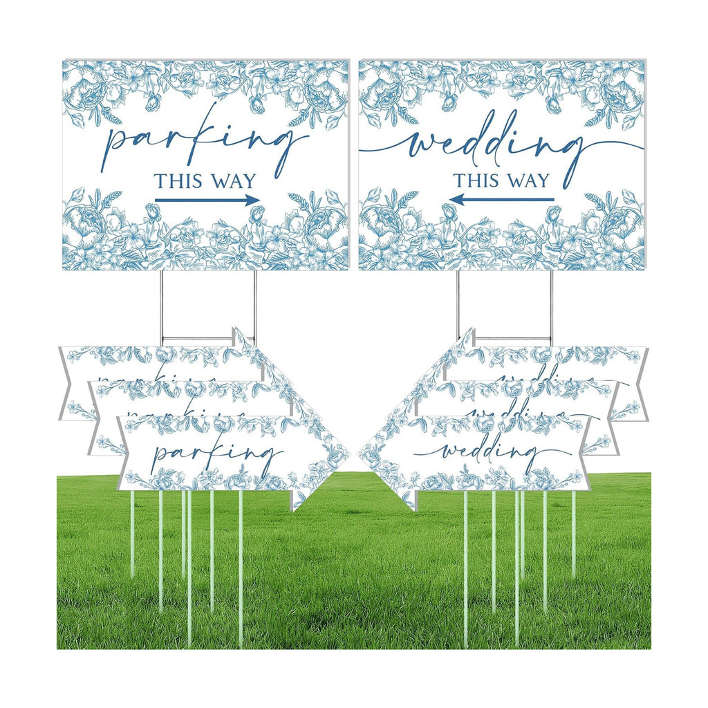 8 Pcs 17 × 8.5" Wedding This Way Directional Parking Signs Road with Stakes Large Double Sided Direction Printed Ceremony Reception Lawn Yard Arrow Sign Exquisite Plastic Rainproof (Blue Flower)
