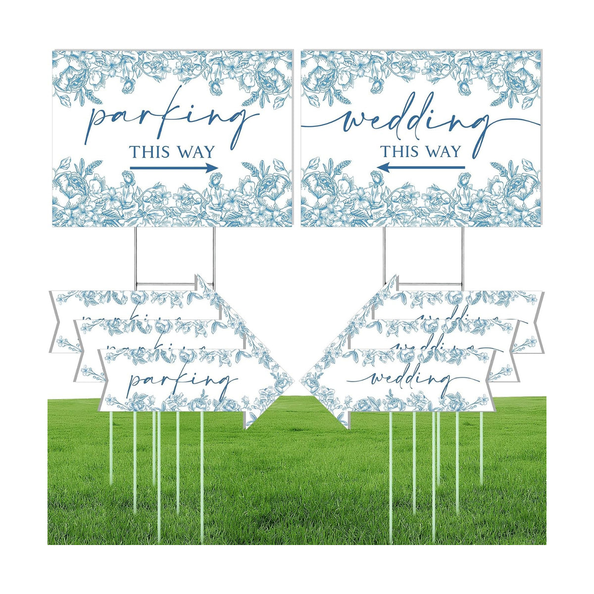 8 Pcs 17 × 8.5" Wedding This Way Directional Parking Signs Road with Stakes Large Double Sided Direction Printed Ceremony Reception Lawn Yard Arrow Sign Exquisite Plastic Rainproof (Blue Flower)