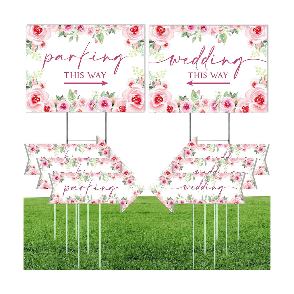 8 Pcs 17 × 8.5" Wedding This Way Directional Parking Signs Road with Stakes Large Double Sided Direction Printed Ceremony Reception Lawn Yard Arrow Sign Exquisite Plastic Rainproof (Pink Rose)
