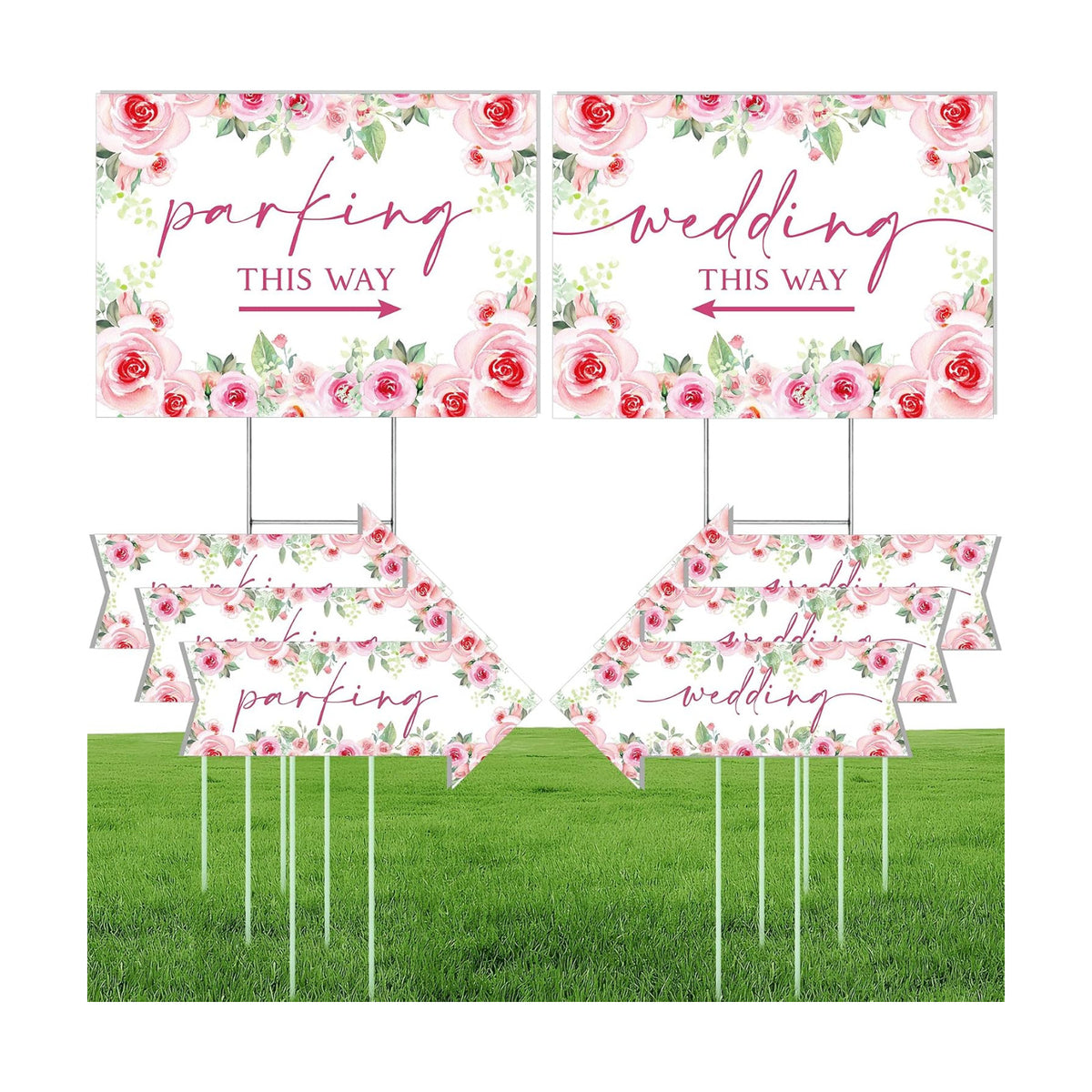 8 Pcs 17 × 8.5" Wedding This Way Directional Parking Signs Road with Stakes Large Double Sided Direction Printed Ceremony Reception Lawn Yard Arrow Sign Exquisite Plastic Rainproof (Pink Rose)