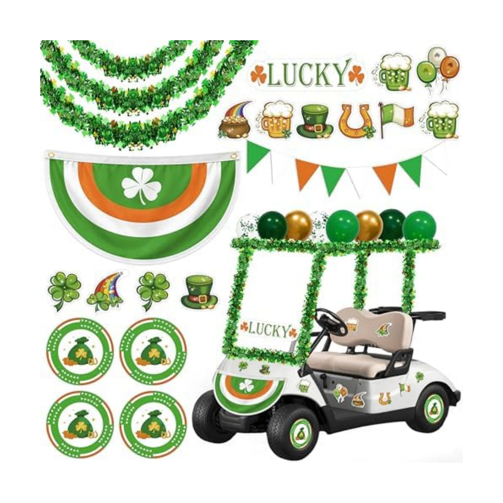 33Pcs St Patricks Day Golf Cart Parade Decorations Kit - Green Bunting Burlap Flag Tinsel Garlands Banner Balloons for Irish Float Party Decor