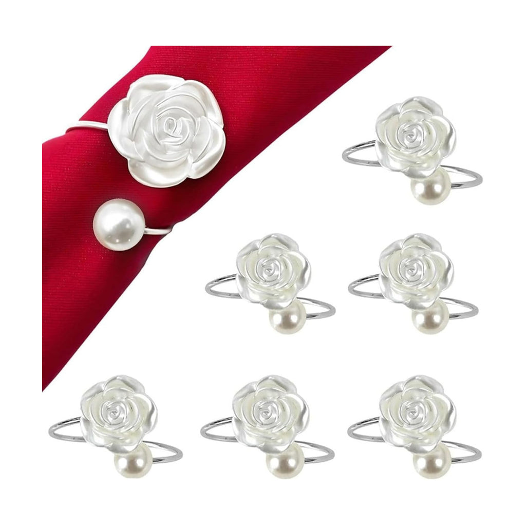 Silver Valentine's Day Napkin Rings Set of 6, Metal Rose Pearl Valentine's Day Napkin Holders Holiday Mother's Day Wedding Table Decorations Party Supplies