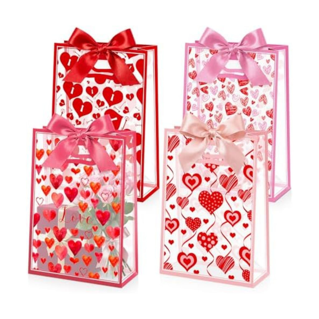 Capoda 24 Pack Gift for Valentine's Day Bags with Handle & Ribbons - Reusable Plastic Heart Favor Bags for Classroom School Party Exchange, Waterproof Goody Treat Totes for Galentine's Wedding Gifts