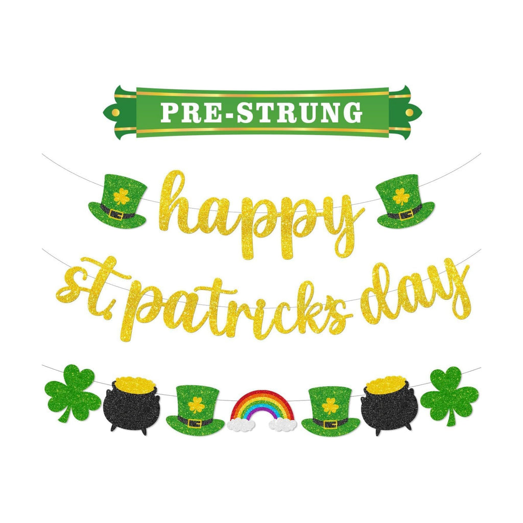 Pre-Strung Happy St. Patrick's Day Banner, Glitter Shamrock Garland with Leprechaun Hats, Rainbows & Clovers, St Patrick's Day Decorations for Party