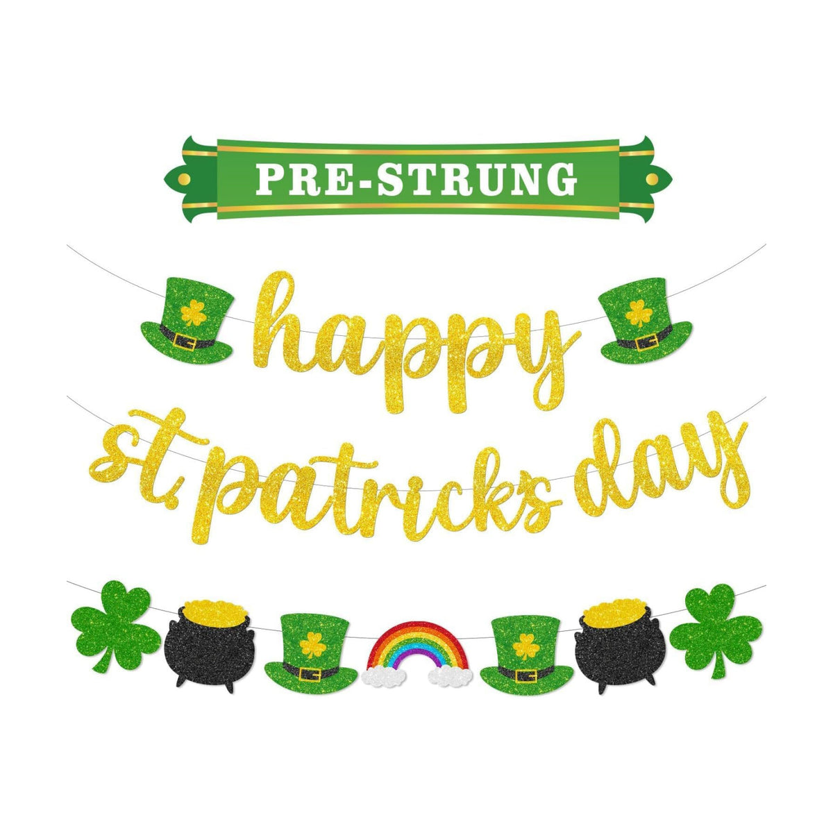 Pre-Strung Happy St. Patrick's Day Banner, Glitter Shamrock Garland with Leprechaun Hats, Rainbows & Clovers, St Patrick's Day Decorations for Party