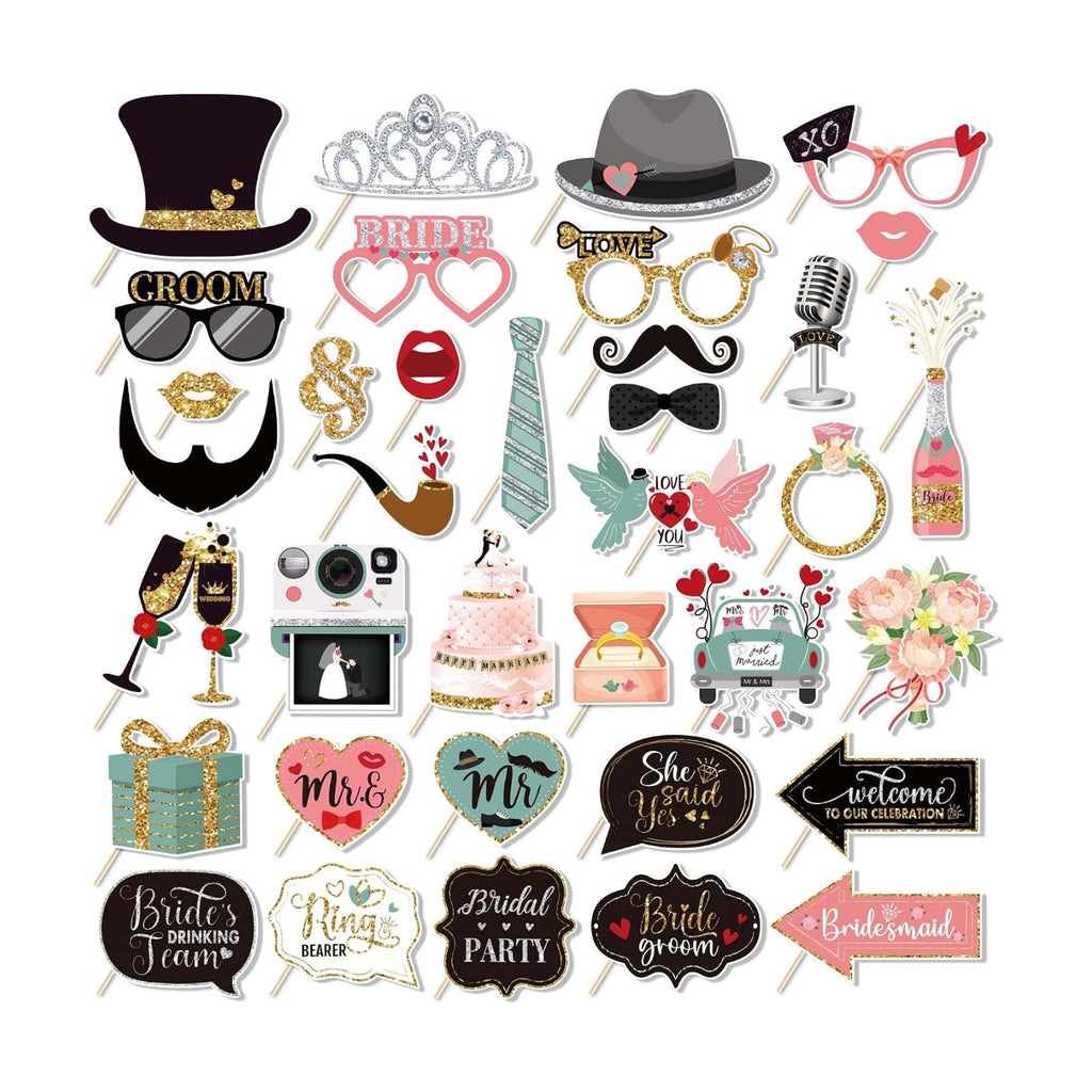 36 Pcs Wedding Photo Booth Props for Wedding Party Decoration Supplies, Weddings Theme Selfie Props Photography Backdrop Decorations for Weddings Party Favors