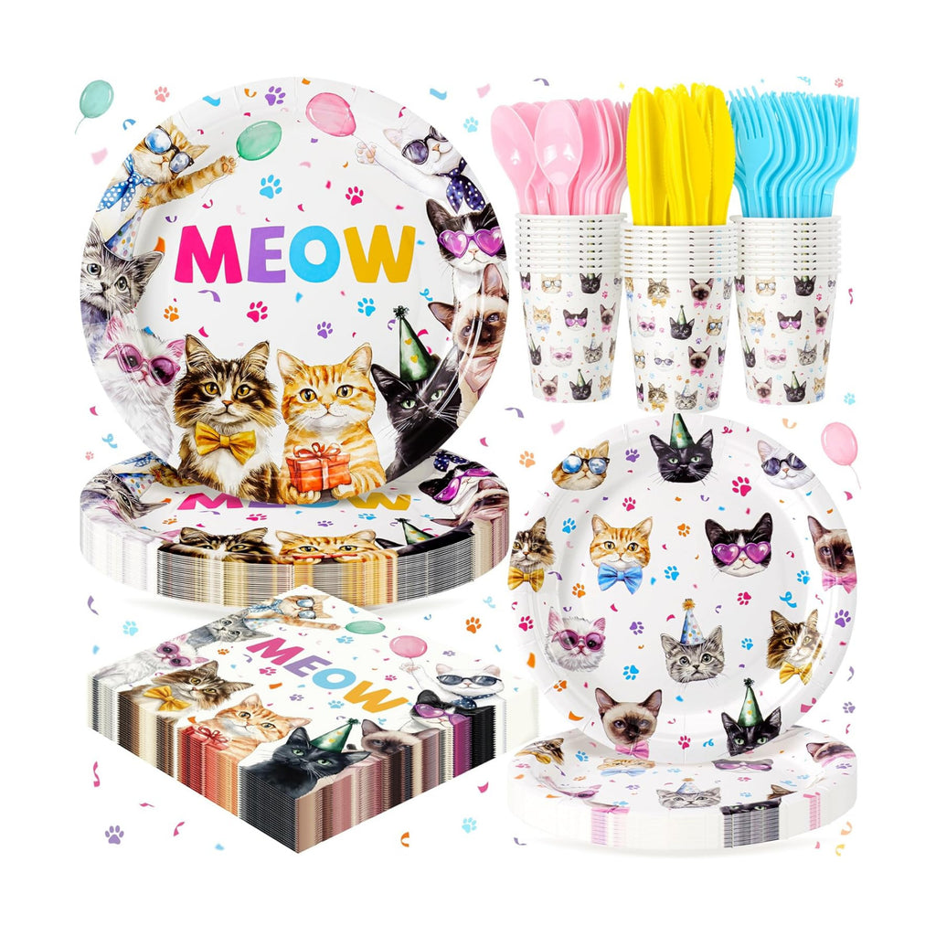 Cats Birthday Party Plates Set,168PCS Cat Birthday Tableware Party Supplies