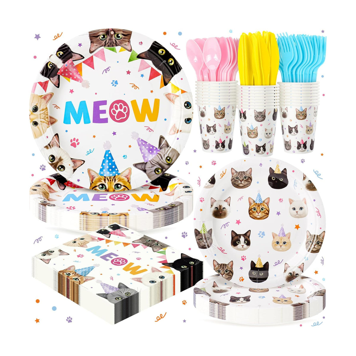 Cats Birthday Party Plates Set,168PCS Cat Birthday Tableware Party Supplies