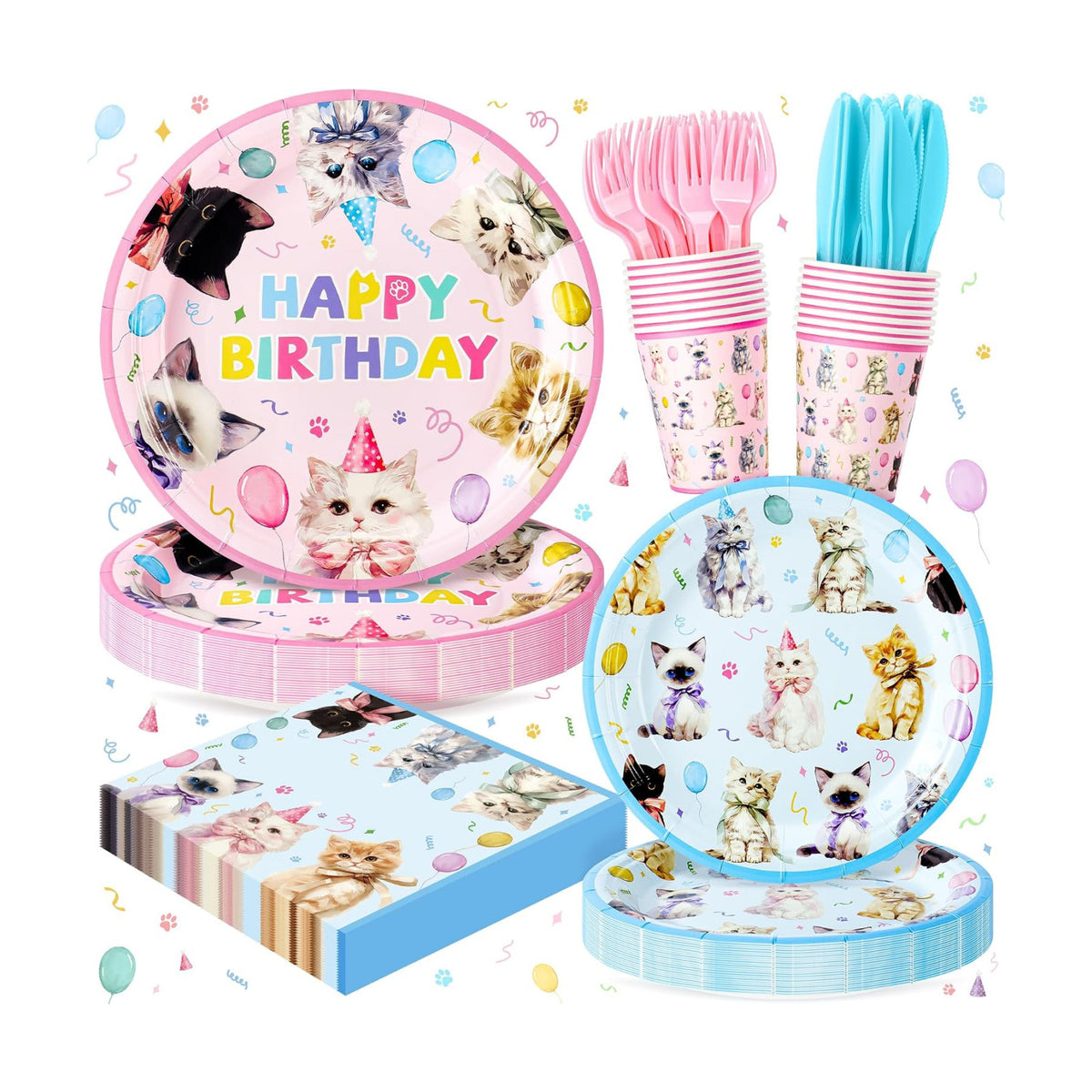 144PCS Cats Birthday Party Plates Set, Blue Pink Birthday Party Supplies