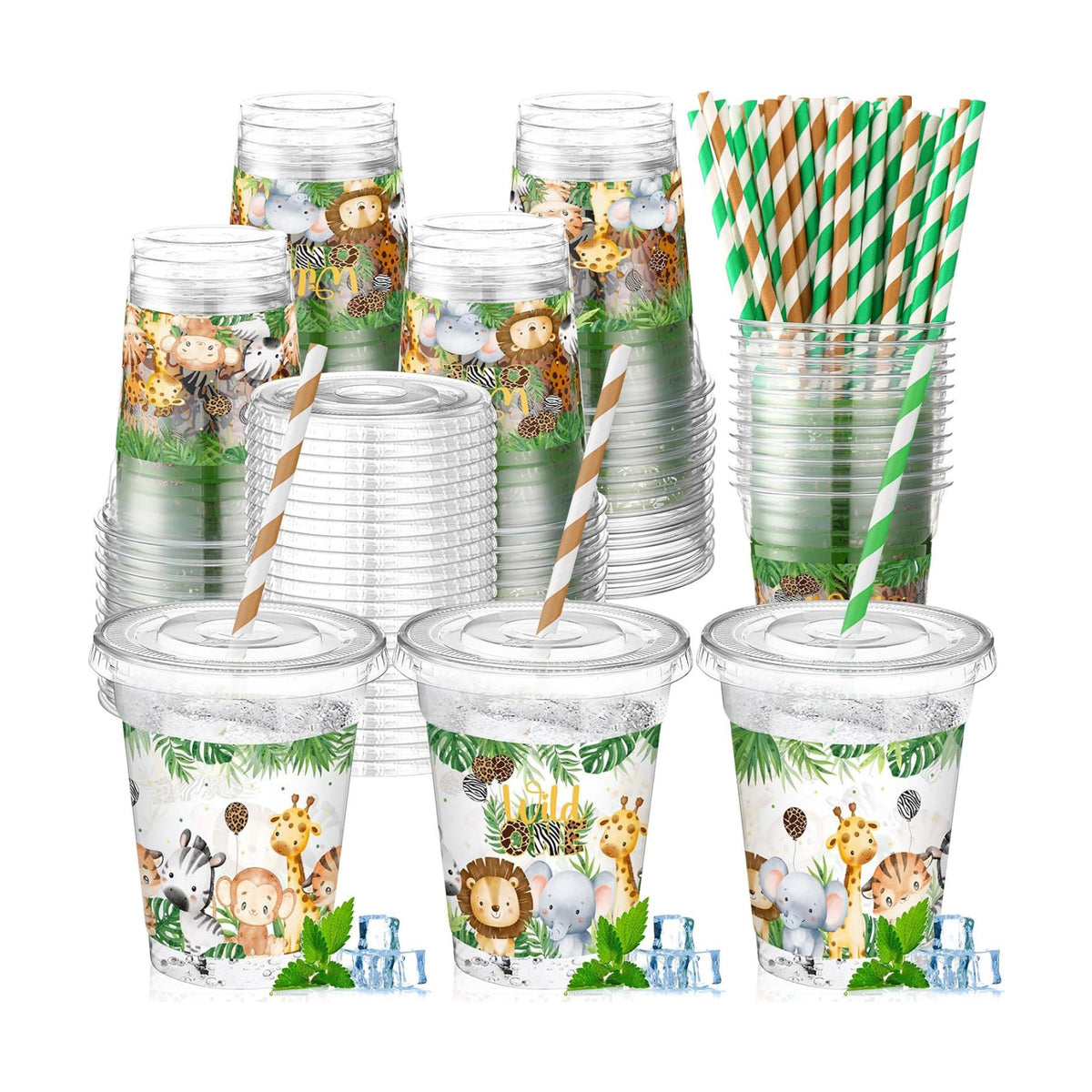 Jingmore 50 Pcs Wild One Plastic Disposable Clear Cups with Lids and Straws