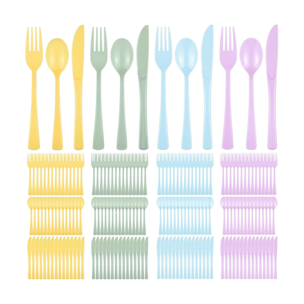 Minatee 180 Pcs Pastel Plastic Silverware Heavy Duty Cutlery Sets Disposable Utensils for Holiday Birthday Themed Party Supplies, 60 of Each Forks Knives Spoons(Macaron Color)