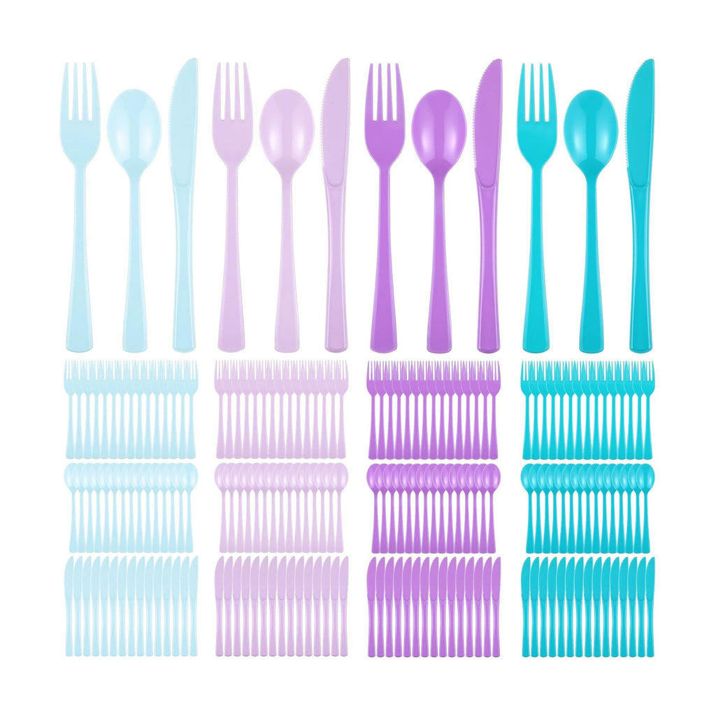 Minatee 180 Pcs Mermaid Plastic Silverware Heavy Duty Cutlery Sets Disposable Utensils for Holiday Birthday Themed Party Supplies, 60 of Each Forks Knives Spoons