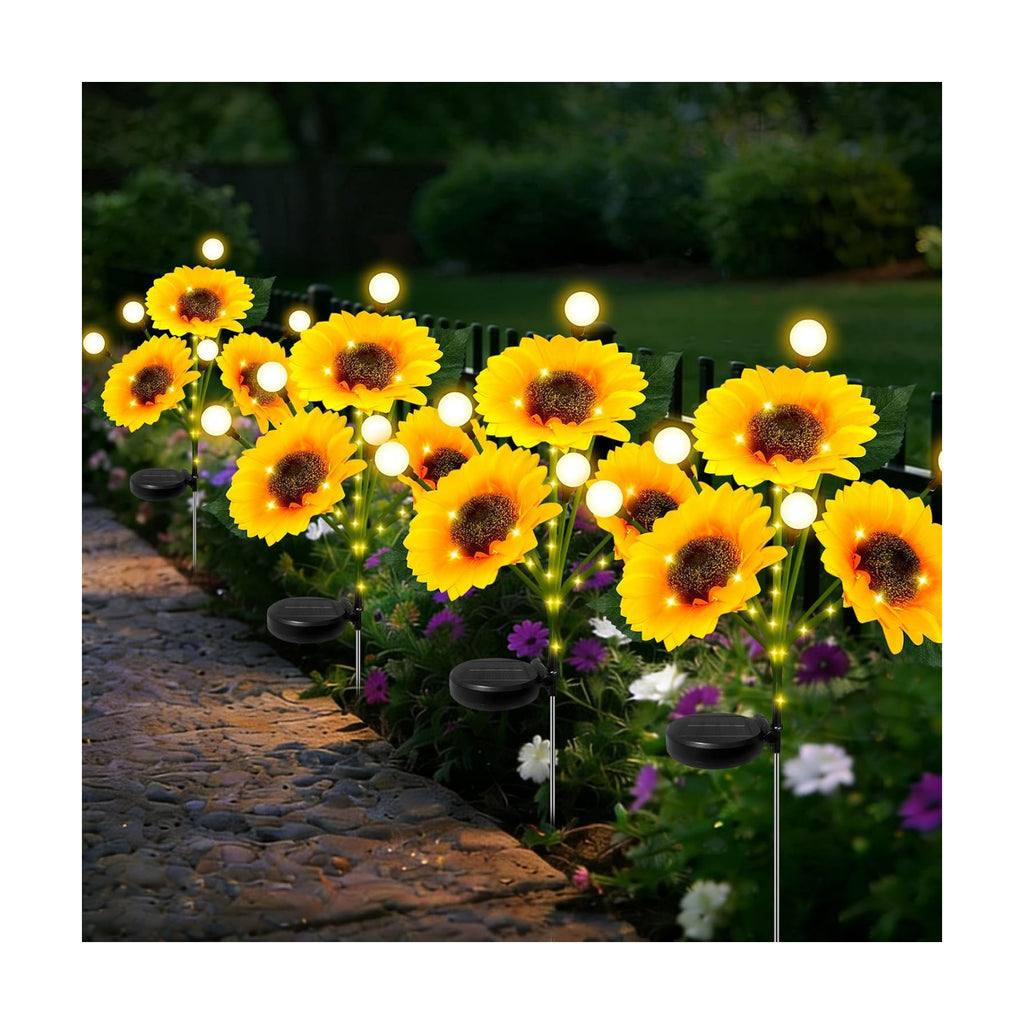 Sunflower Solar Lights Outdoor, 4 Pack Sunflowers with Firefly Lights, Waterproof Solar Flower Lights with 1000mAh Battery for Patio Porch Lawn, Gifts for Mom Women Grandma, Yard Decorations Outdoor