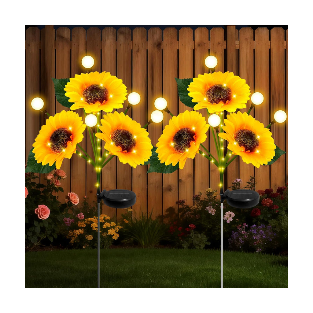Sunflower Solar Lights Outdoor, 2 Pack Sunflowers with Firefly Lights, Waterproof Solar Flower Lights with 1000mAh Battery for Patio Porch Lawn, Gifts for Mom Women Grandma, Yard Decorations Outdoor