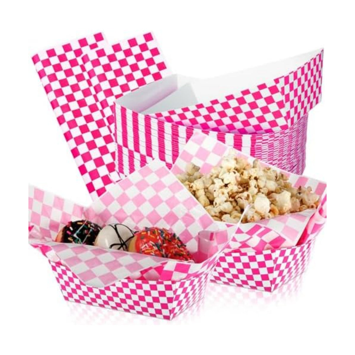 Geosar 100 Pcs Gingham Paper Food Tray with Wax Paper,Fuchsia White
