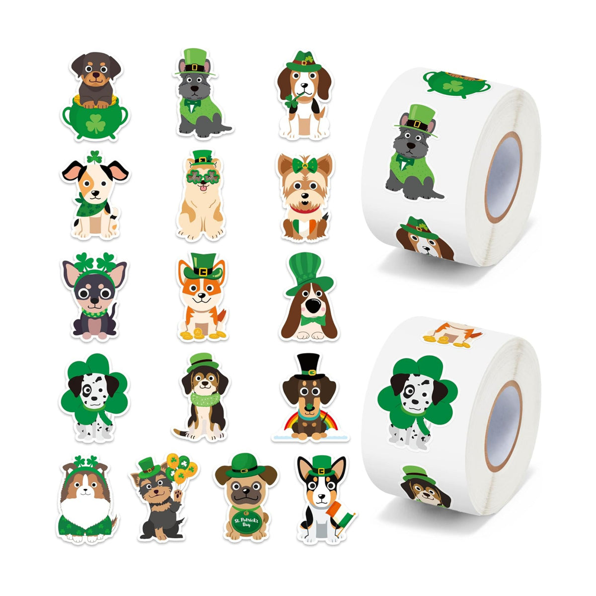 H1vojoxo St. Patrick's Day Sticker Rolls - 1000PCS Irish Shamrock Holiday Cartoon Dog Stickers for Kid 16 Design St. Patrick's Cute Dog Sticker for Craft St. Patrick Cartoon Dogs Stickers for Envelope
